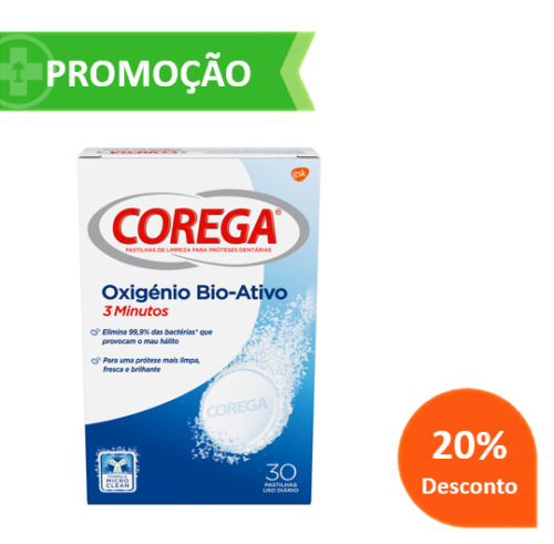Corega Oxigénio Bio-Ativo Pastilhas Limpeza c/ Desconto 20% 30 pastilhas